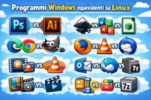 Infografica cartone animato che mette in evidenza i programmi Windows e i loro equivalenti Linux, con Windows in primo piano.