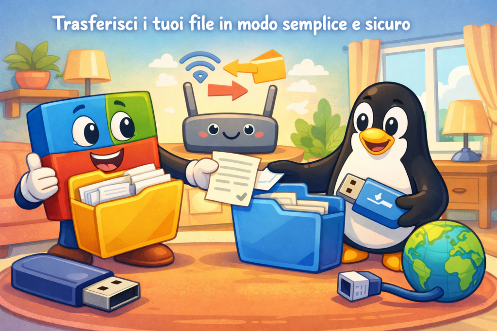 Illustrazione amichevole di Windows e Linux che collaborano per trasferire file, con icone grandi e colori tenui.