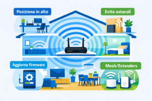 Casa in sezione con router centrale e 4 consigli per migliorare il segnale WiFi: posizione, ostacoli, firmware, mesh