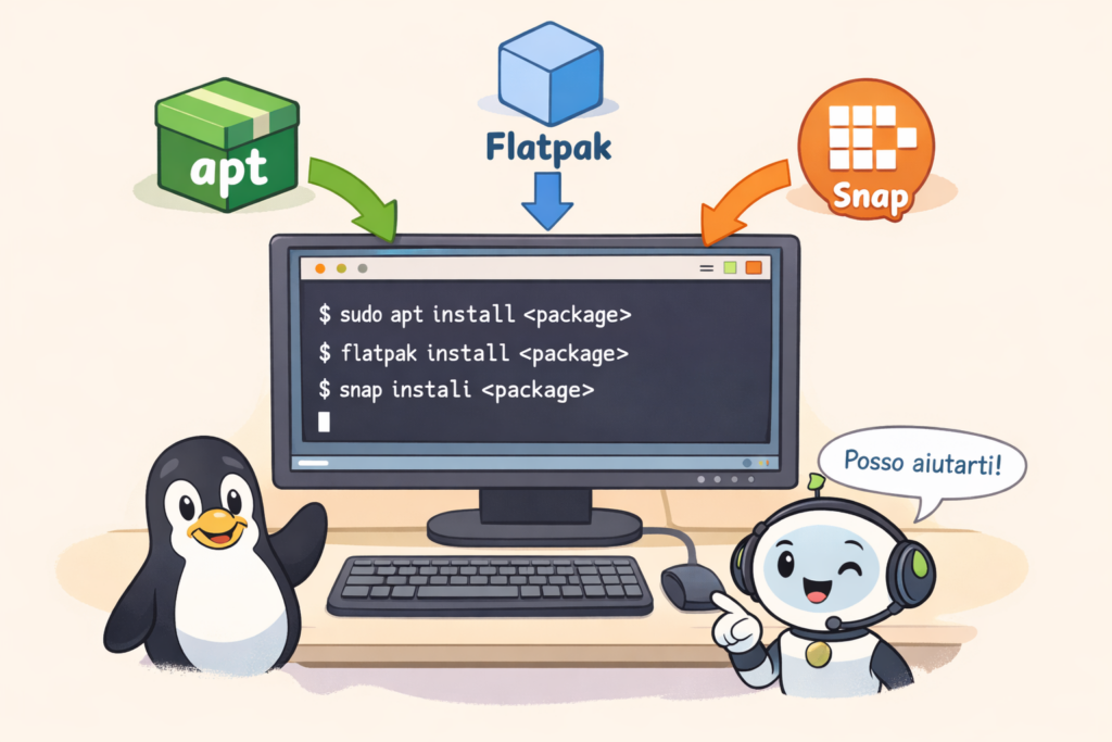 Come installare programmi su Linux con apt, Flatpak e Snap — illustrazione cartone animato