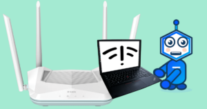 Un laptop Thinkpad con sullo schermo il simbolo che raffigura problemi con la connessione wi-fi in mano a Teko preoccupato con sullo sfondo il router D-link R15