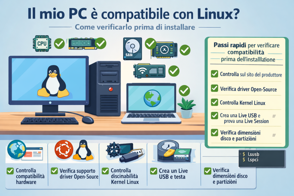 PC compatibile con Linux? Verificare prima di installare — illustrazione cartone animato