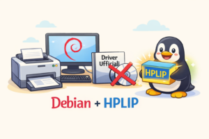 Cartone animato: PC con Debian e stampante HP. Un disco di driver ufficiali è barrato da una X rossa, mentre il pinguino Linux mostra felice una scatola luminosa con la scritta HPLIP.