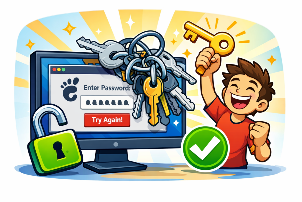 Illustrazione in stile cartoon di un monitor con una pressante richiesta di password e il logo GNOME. Dallo schermo fuoriesce un enorme mazzo di chiavi aggrovigliato, mentre a destra un personaggio sorridente esulta mostrando una chiave dorata, affiancato da un lucchetto verde aperto.