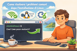 Illustrazione cartone amichevole di una persona al computer con Linux, diagnostica semplificata e freccia di risoluzione problemi.