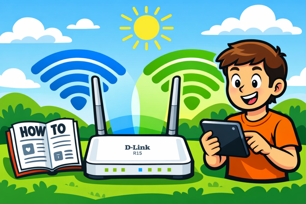 llustrazione in stile cartoon di un router Wi-Fi D-Link R15 con due segnali SSID separati, una persona sorridente che lo configura tramite tablet, e un manuale HOW TO sul lato.