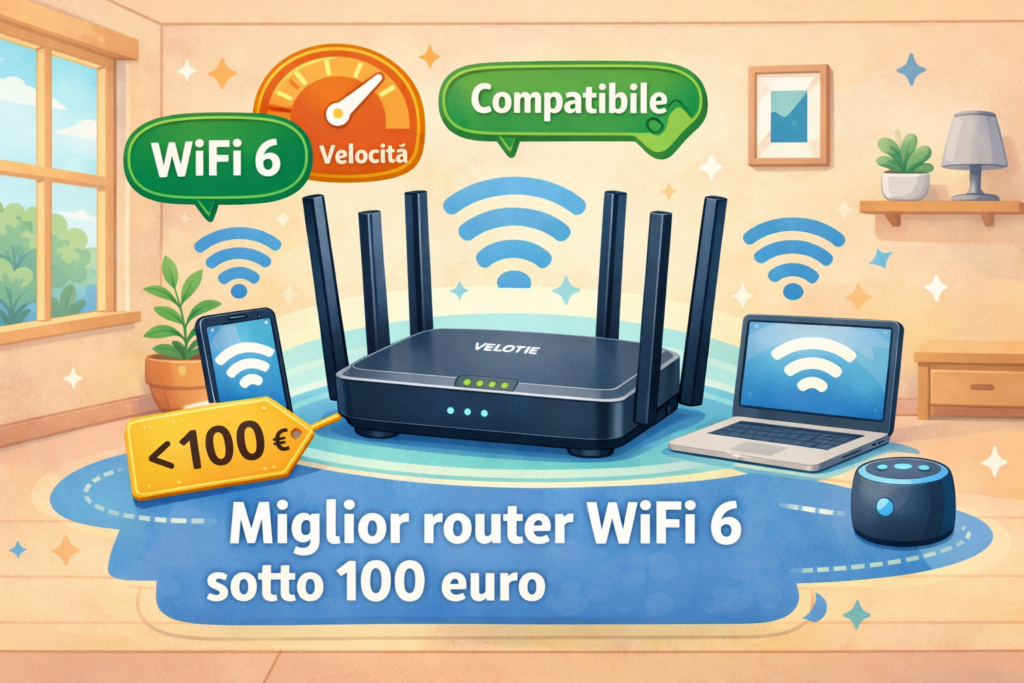 Router WiFi 6 in salotto con smartphone, laptop e cartellino prezzo "< 100 €", scritta "Miglior router WiFi 6 sotto 100 euro"