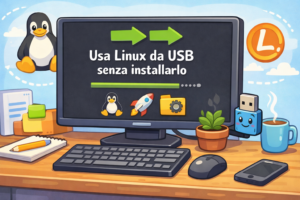 Illustrazione cartone amichevole di chiavetta USB avviabile Linux, pronta senza installazione.