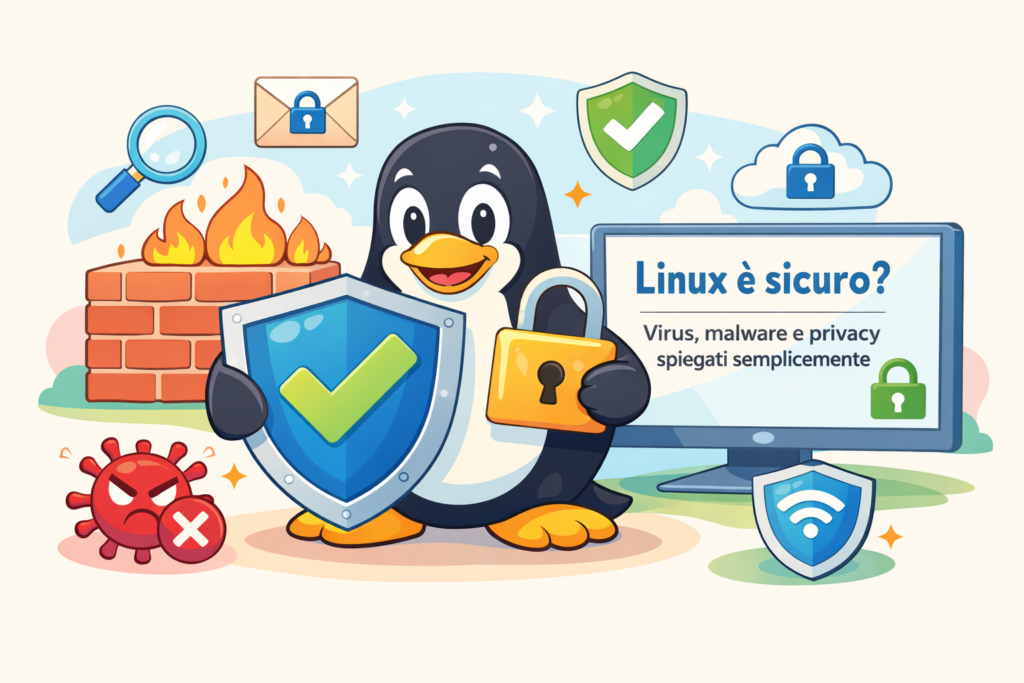 Linux sicuro: grafica cartone animato con Tux, scudo e lucchetto, focus su privacy e sicurezza.