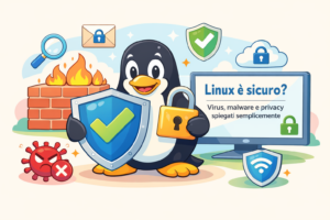 Linux sicuro: grafica cartone animato con Tux, scudo e lucchetto, focus su privacy e sicurezza.