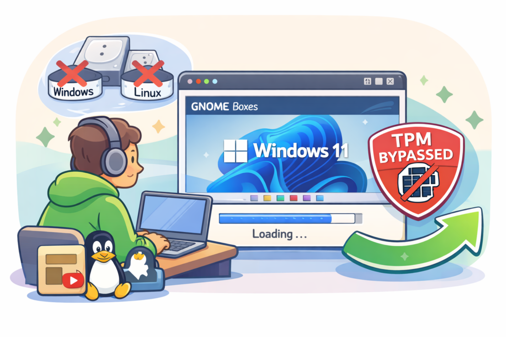 Cartone animato: Windows 11 in una macchina virtuale GNOME Boxes con una mascotte Linux accanto e un’icona TPM che è stata bypassata, simbolo di una soluzione post-dual-boot.